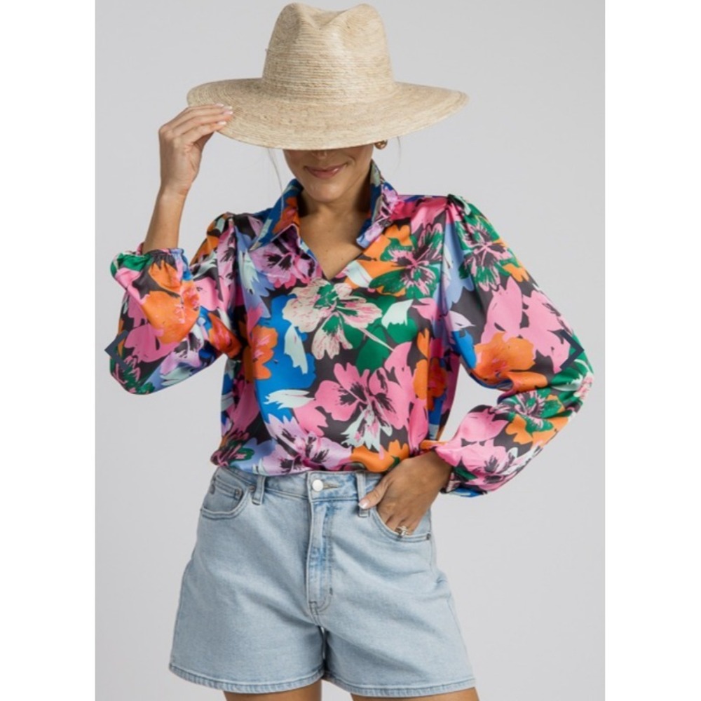 Women's Michelle McDowell Size 1X Multi Floral Satin Tunic Blouse‎